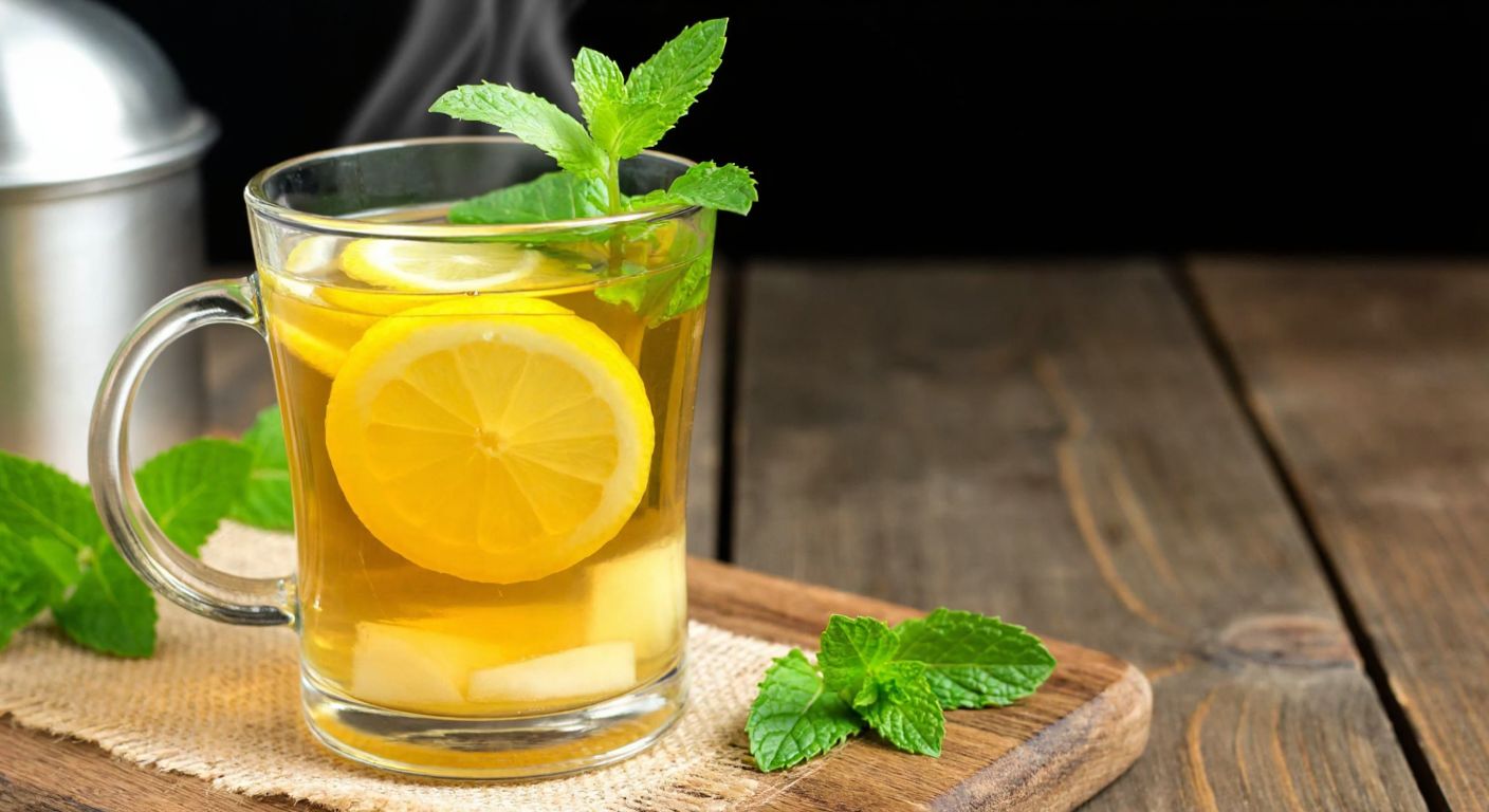 A steaming glass of golden-hued mint lemon tea with fresh mint leaves and a slice of lemon floating on top, placed on a rustic wooden table in a cozy Turkish home.