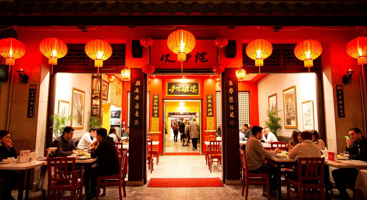 A cozy Chinese restaurant with red lanterns and traditional decor, nestled on a bustling Ankara street with people dining inside under warm lighting.