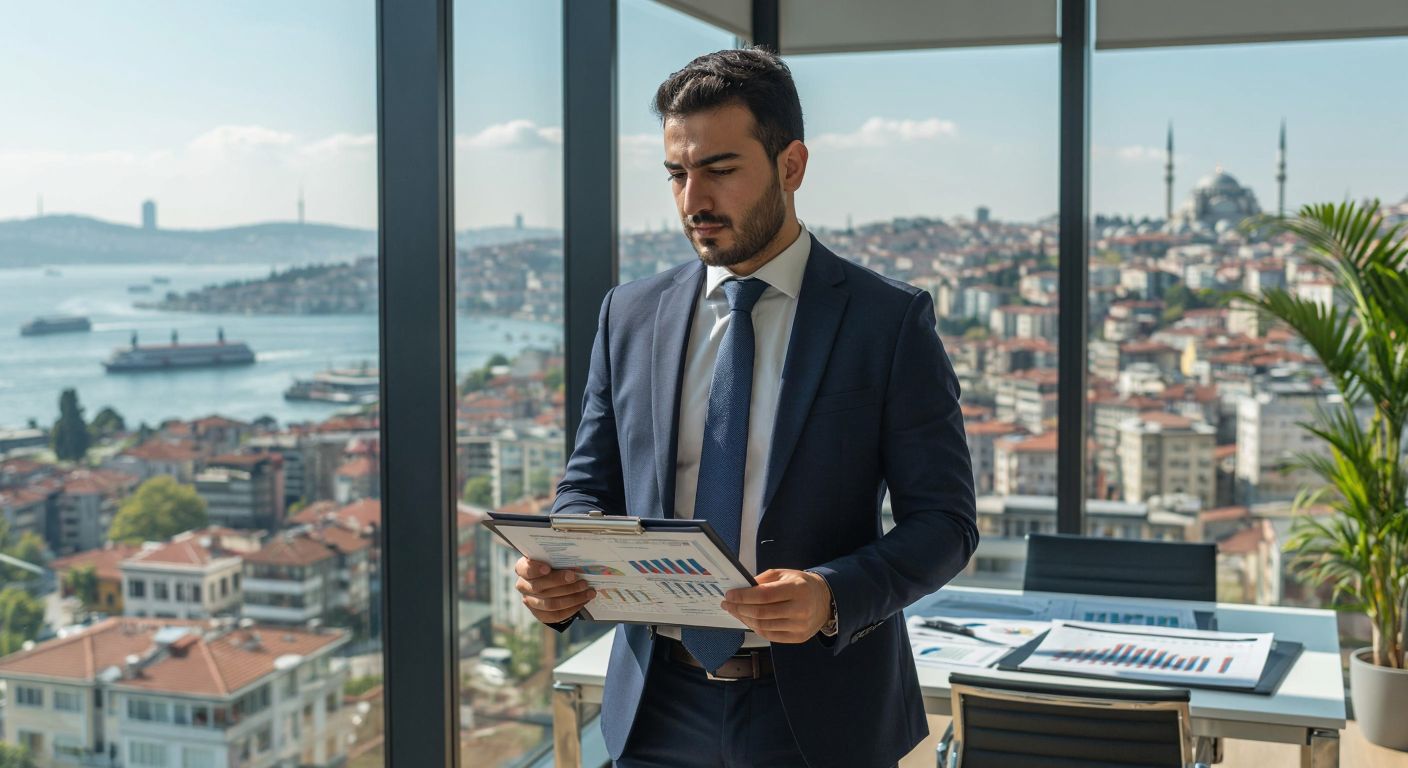 A Turkish businessman in a crisp suit confidently reviews financial charts while standing in a modern Istanbul office with a view of the Bosphorus, symbolizing investment strategy and stability.