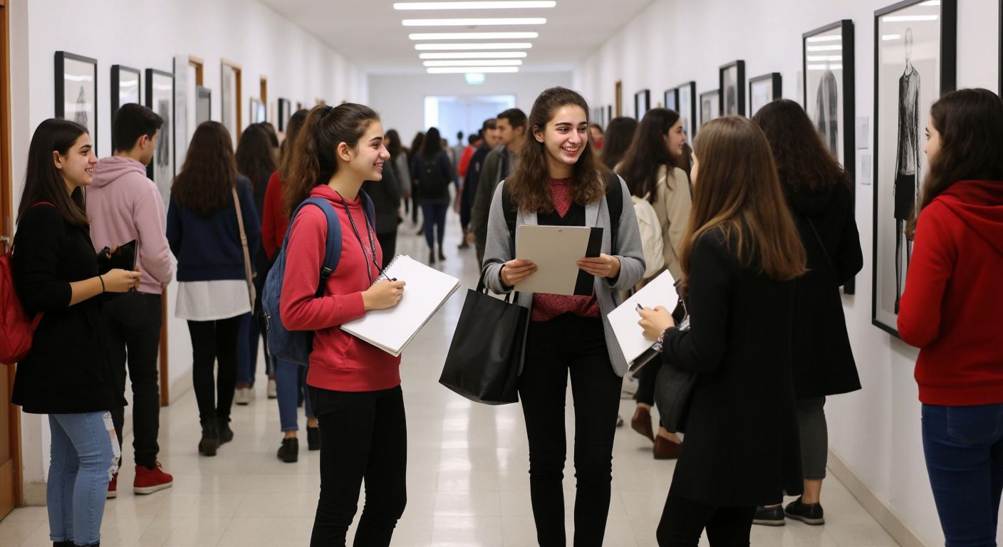A bustling Turkish vocational high school hallway with students carrying fashion design sketches and graphic design portfolios, dressed in casual school uniforms, chatting animatedly under framed artwork.