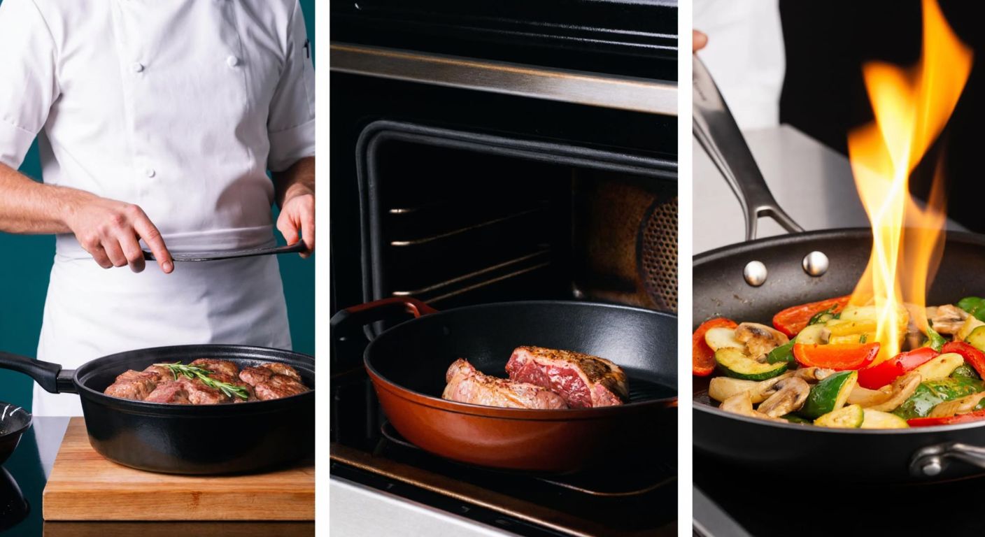 A chef in a white apron demonstrates two cooking methods side by side—on the left, a covered pot with meat inside an oven (poele), and on the right, a sizzling pan with vegetables being stirred over a flame (saute).