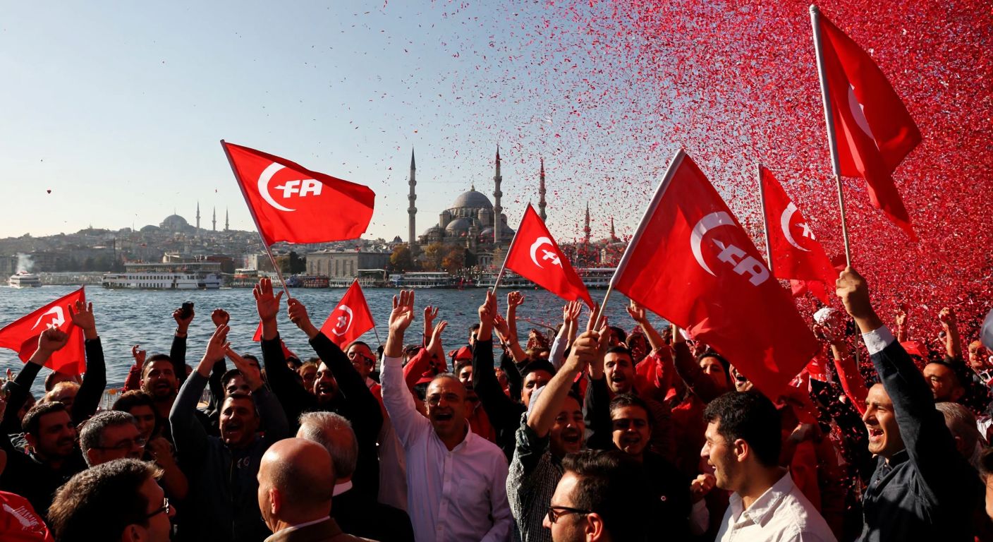 A jubilant crowd waves CHP flags in front of Istanbul’s iconic skyline, their faces lit with celebration as confetti fills the air.
