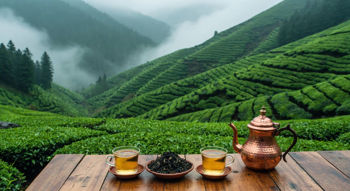 A lush green tea plantation in the misty Kaçkar Mountains, with a wooden table displaying three distinct types of tea leaves—deep black, golden-tipped, and vibrant green—next to a traditional Turkish copper teapot and small glass cups.
