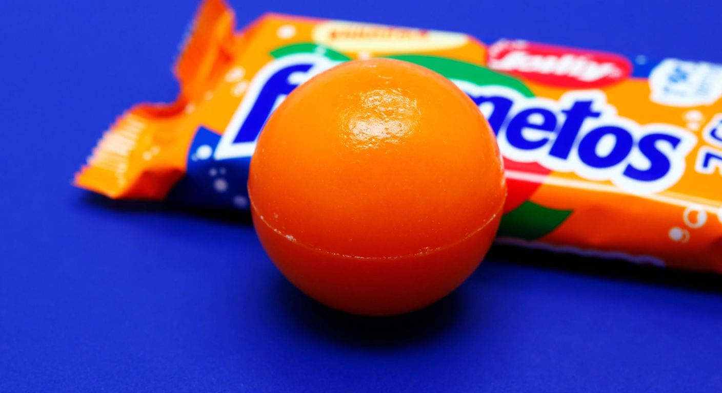 A vibrant orange Mentos candy with a glossy, fizzy Fanta-like sheen sits on a colorful wrapper, evoking the playful fusion of flavors.