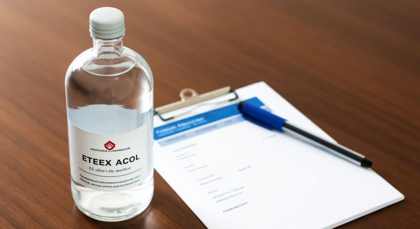 A clear glass bottle of **İnfoteks Etil Alkol** with a secure cap, placed on a wooden table beside a checklist with a pen, symbolizing quality verification and safety precautions.