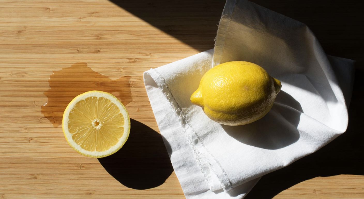 A sunlit wooden table with a crumpled, scribbled-on paper next to a halved lemon dripping juice onto a clean white cloth, evoking natural restoration.