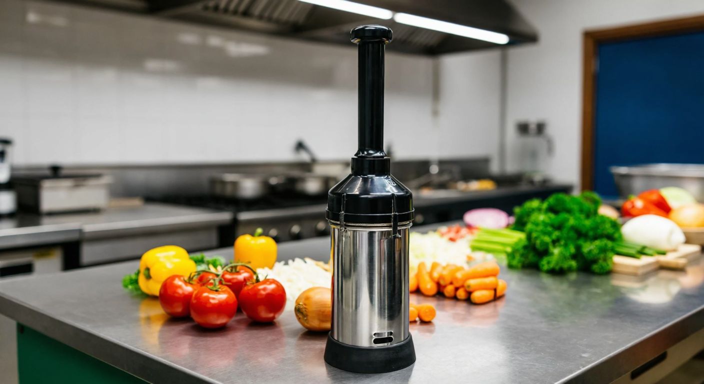 A sturdy industrial hand blender with a powerful motor sits on a stainless steel counter in a bustling Turkish restaurant kitchen, surrounded by chopped vegetables and fruits.