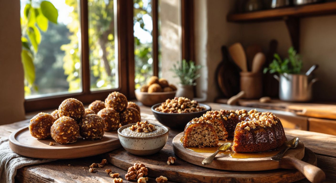A rustic wooden table in a sunlit Turkish kitchen holds a spread of unsuz tatlılar—golden hurmalı enerji topları, a slice of banana-oat cake drizzled with honey, and a small bowl of chia pudding topped with crushed nuts, evoking warmth and wholesome indulgence.