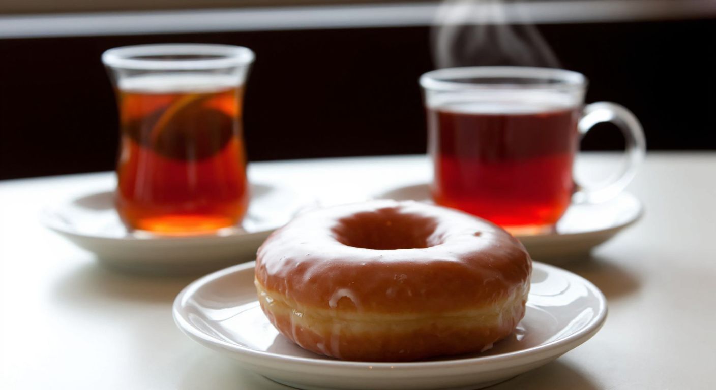 A glazed donut sits on a small plate with a steaming cup of Turkish tea in the background, evoking a cozy café setting.