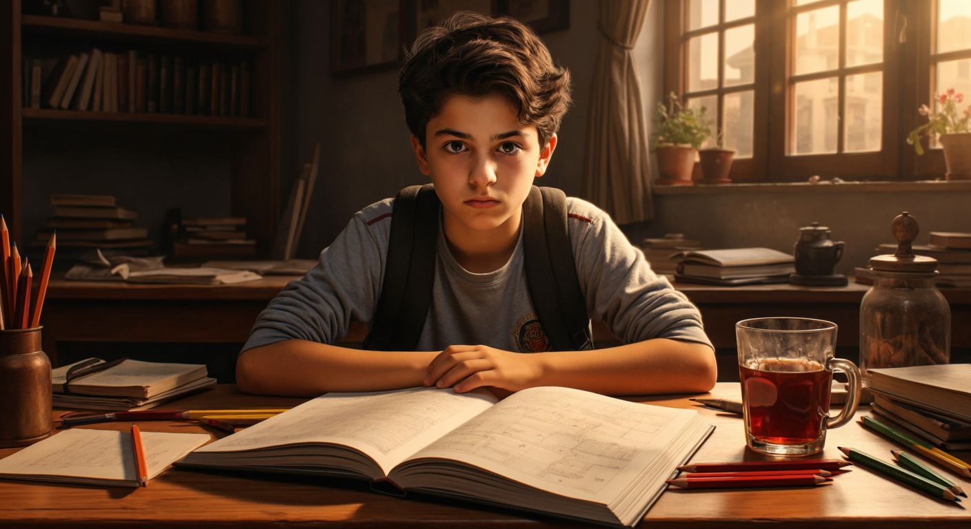 A Turkish middle school student with a focused expression sits at a wooden desk, flipping through a thick Fi Yayınları math workbook with furrowed brows, surrounded by scattered pencils and a half-empty glass of çay.