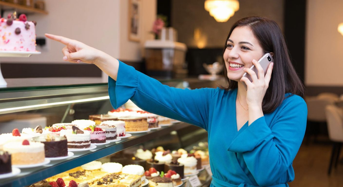 A cheerful Turkish woman in a cozy Özsüt café, smiling as she points at a colorful display case filled with decadent cakes while holding a phone to her ear.