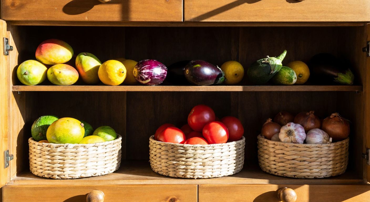 A rustic wooden kitchen cabinet with open shelves displays fresh mangoes, avocados, lemons, tomatoes, eggplants, and onions arranged neatly in woven baskets under warm, natural light.