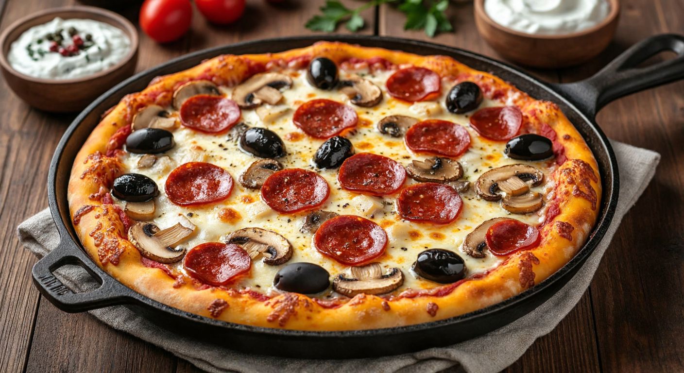 A warm, golden-brown pan pizza sizzling in a cast-iron skillet, topped with melted kaşar cheese, slices of sucuk, mushrooms, olives, and red peppers, surrounded by scattered ingredients like flour, yogurt, and tomato paste on a rustic wooden table in a Turkish kitchen.