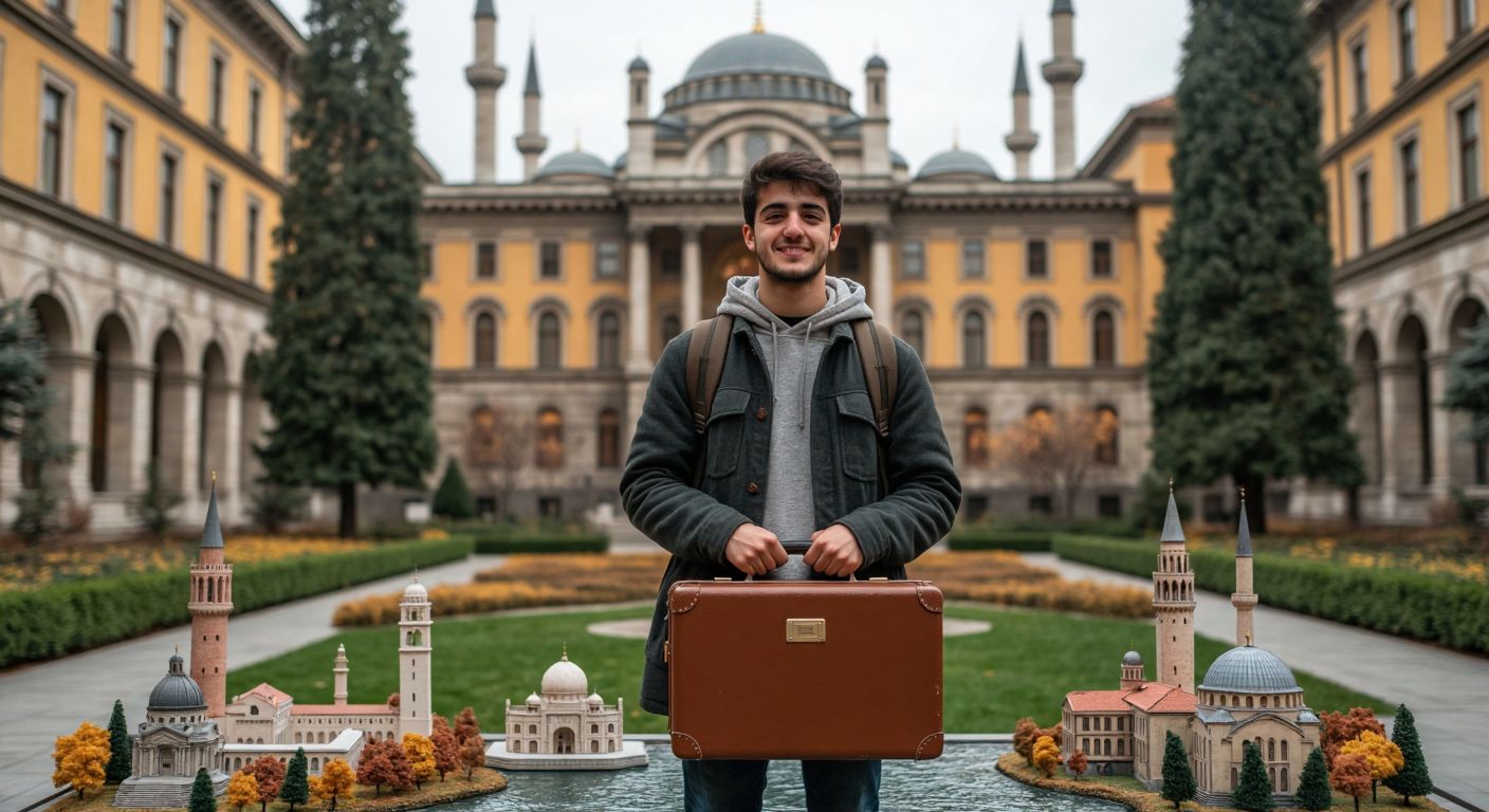 A young Turkish student in Istanbul University’s courtyard holding a suitcase, surrounded by miniature landmarks from Germany, Italy, Spain, France, and other listed Erasmus countries, with a hopeful expression.