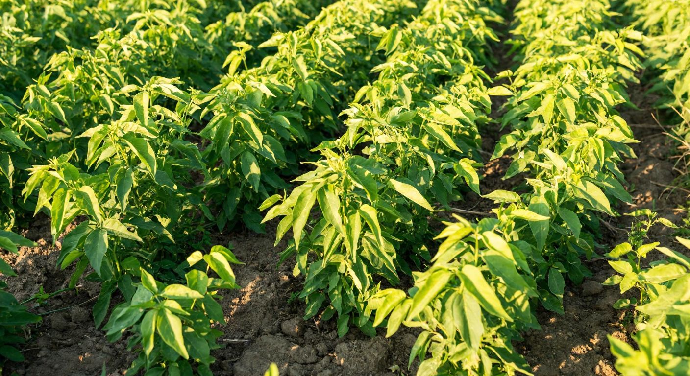 A close-up of vibrant yellow-green Sarıkız bean plants growing low and bushy in rich Turkish soil, with no supporting structures, under warm sunlight.