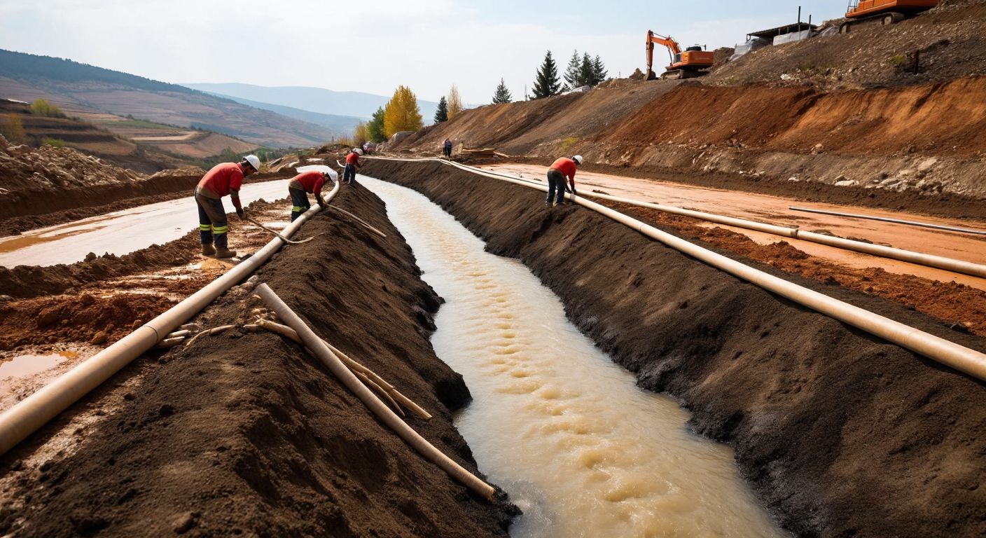 A sloped construction site in Turkey with workers laying ceramic-coated drainage pipes and geotextile fabric, while rainwater flows smoothly into a channel.