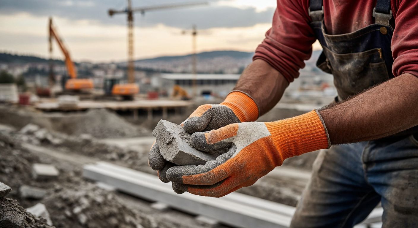 A rugged construction worker in Turkey wearing thick, cut-resistant gloves while handling rough materials, with a bustling industrial site in the background.