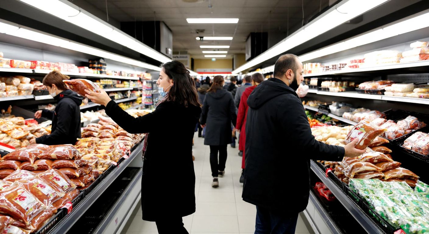 A bustling Turkish supermarket aisle with shoppers eagerly reaching for frozen Peking duck packages, their faces lit with anticipation under bright store lights.