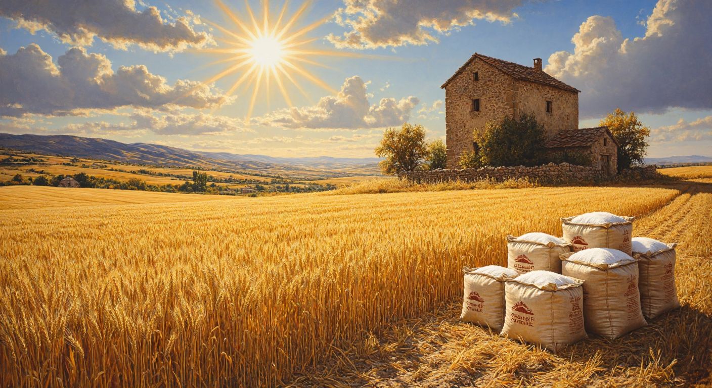 A golden wheat field under a bright sun in Sivas, with a rustic stone mill in the distance and sacks of organic flour stacked neatly nearby.