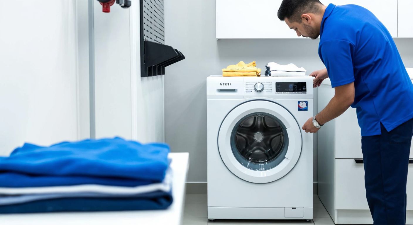 A modern white Vestel dryer sits in a bright Turkish laundry room, with neatly folded clothes nearby and a technician in a blue uniform carefully adjusting its settings.