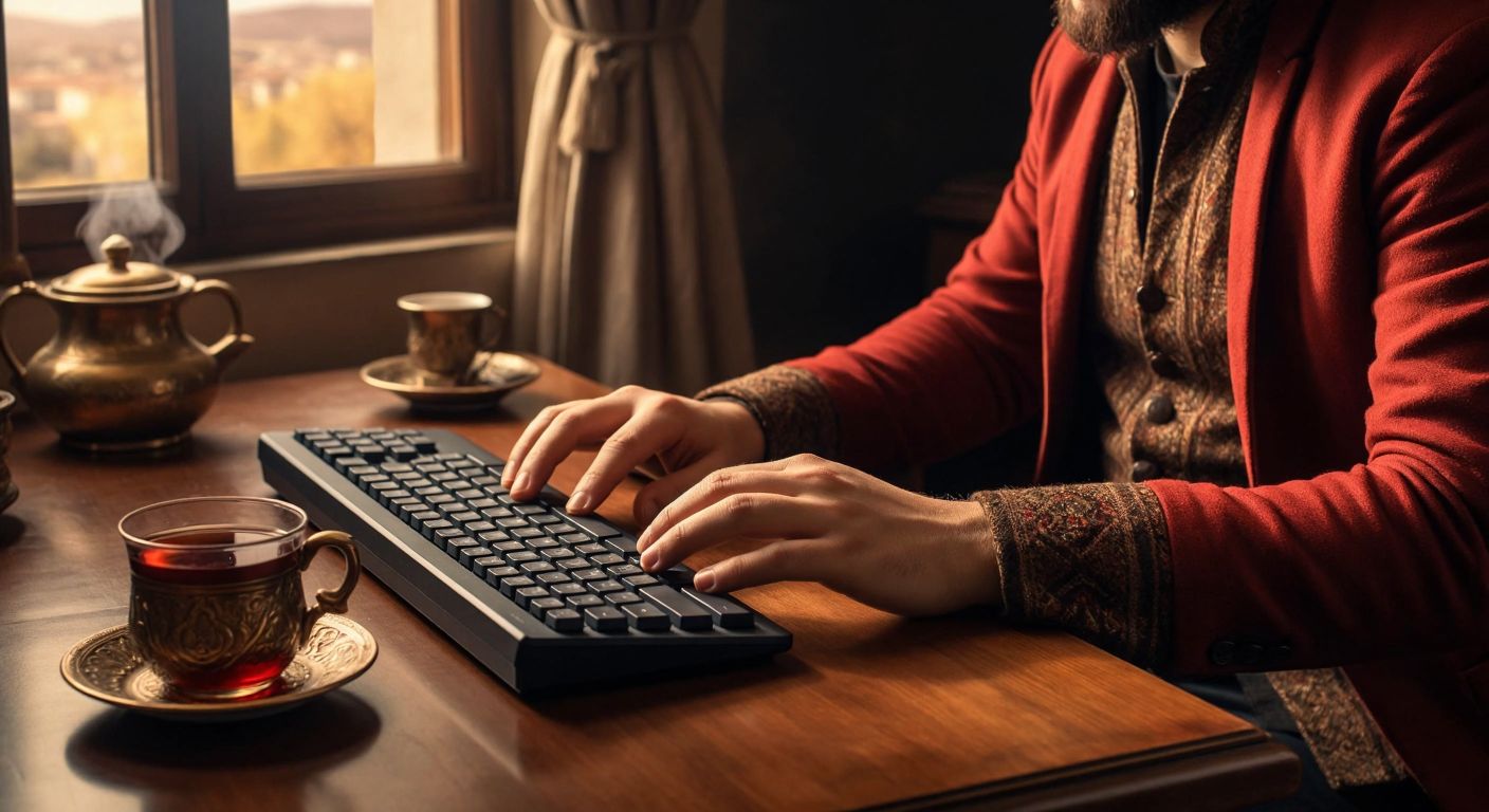 A person in Turkey sits at a wooden desk with a Q-keyboard, fingers hovering over the keys while a steaming cup of Turkish tea rests nearby, their focused expression reflecting determination to master touch typing.