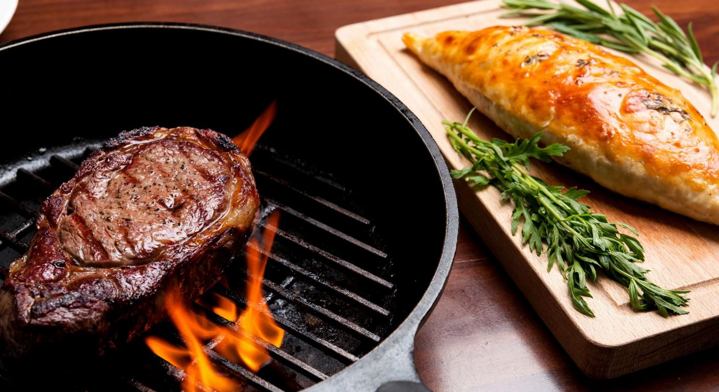 A sizzling cast-iron skillet holds a juicy beef fillet searing over flames, with a rustic wooden cutting board nearby holding fresh herbs and a golden-brown roasted fillet resting on it, evoking the warmth of a Turkish kitchen.