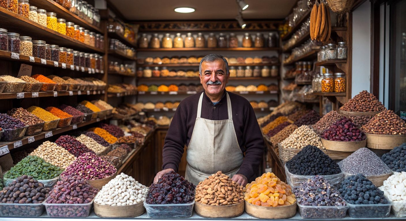 A warm, bustling Turkish dried nuts shop in Eskişehir, with shelves filled with colorful nuts and dried fruits, and a proud middle-aged man (Kemal Kurtuluş) smiling behind the counter, wearing a traditional apron.