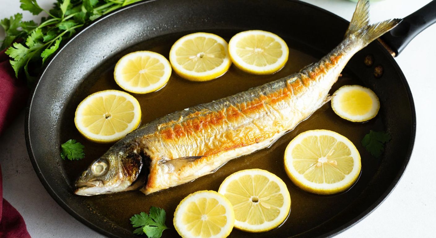 A golden-brown fried zargana fish sizzling in a pan with olive oil, surrounded by fresh lemon slices and parsley, evoking a warm, homey Turkish kitchen atmosphere.