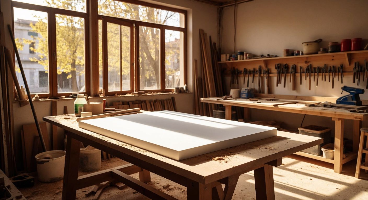 A smooth, white-painted MDF board with one glossy side rests on a wooden workbench in a sunlit Turkish carpentry workshop, surrounded by sawdust and woodworking tools.