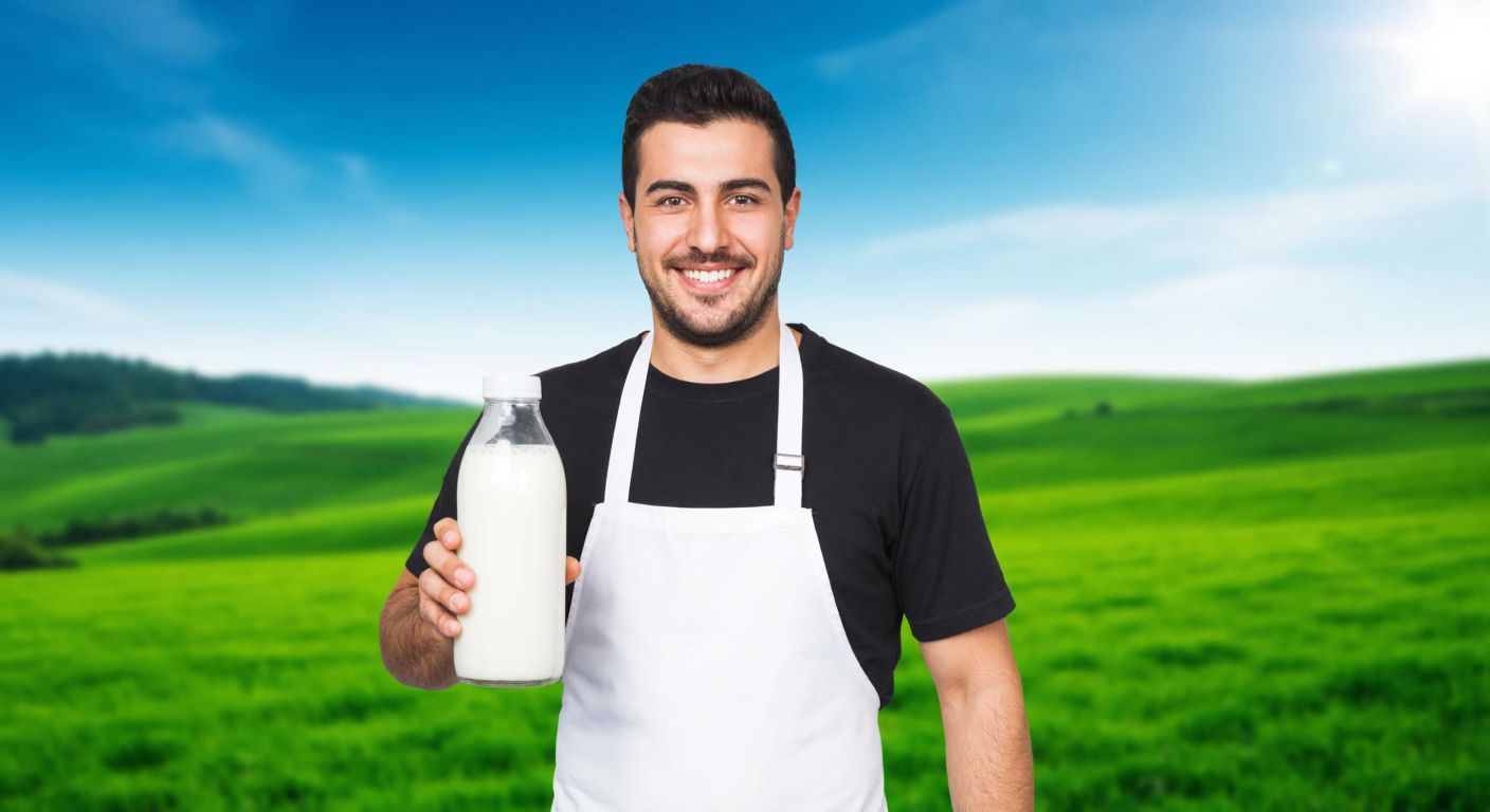 A smiling Turkish dairy farmer in a white apron holding a fresh bottle of milk, standing in front of a lush green pasture with rolling hills under a bright blue sky.