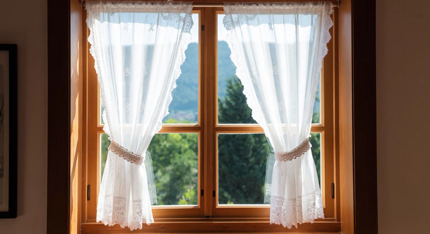 A pair of delicate white lace curtains billowing gently in the sunlight, freshly washed and stiffened, hanging in a bright Turkish home with a traditional wooden window frame.
