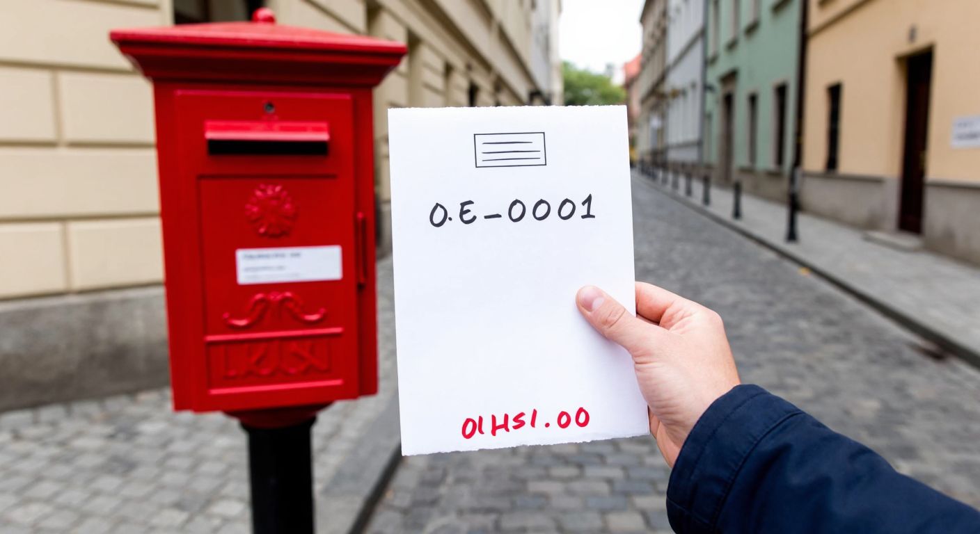 A hand holding a letter with a Polish postal code (e.g., "00-001") written on it, standing in front of a red Polish mailbox on a cobblestone street in Warsaw.