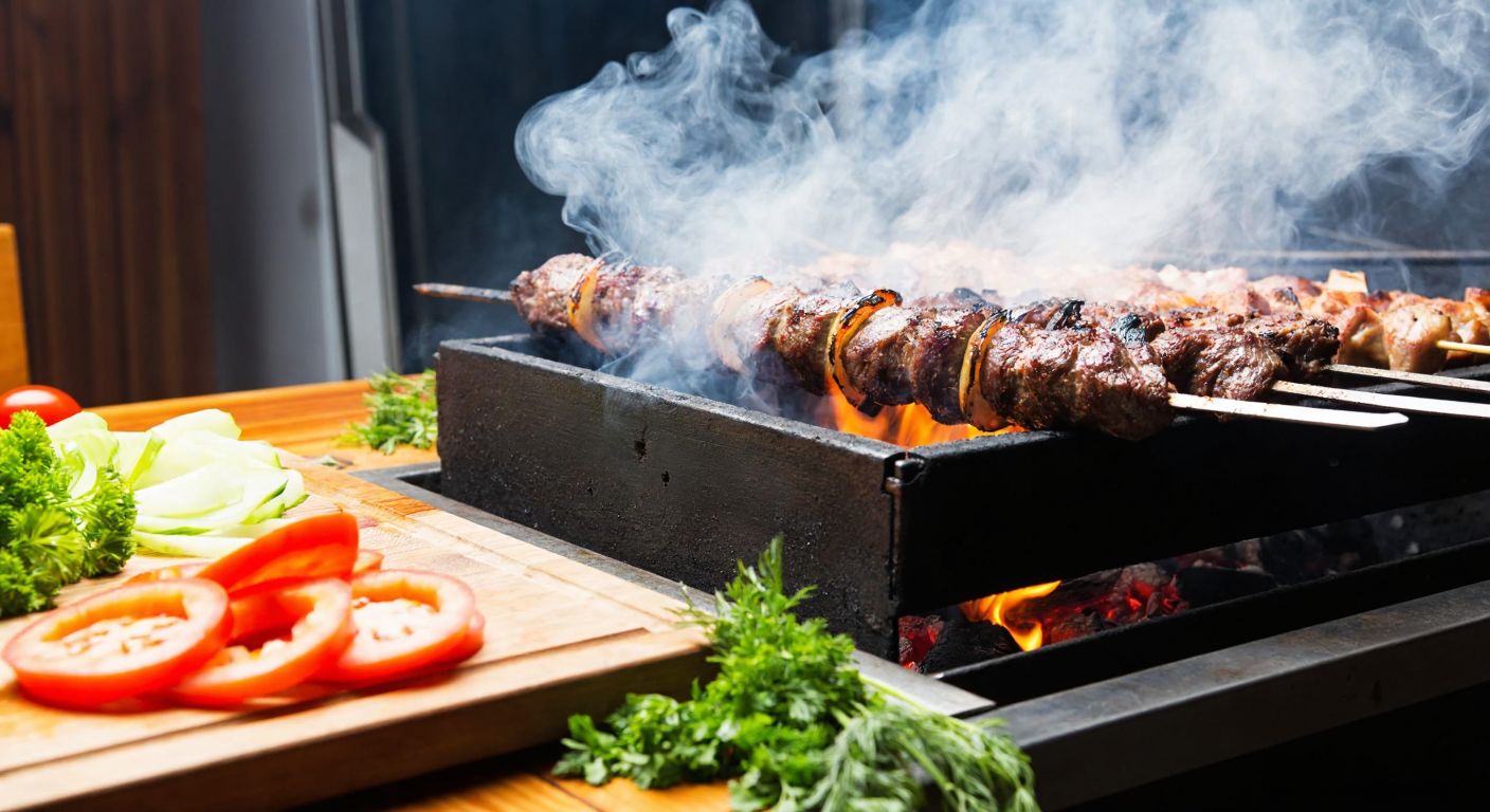 A glowing wood fire grill with juicy, rotating köz döner skewers sizzling, releasing aromatic smoke, surrounded by fresh herbs and sliced vegetables on a rustic wooden table in a cozy Turkish eatery.