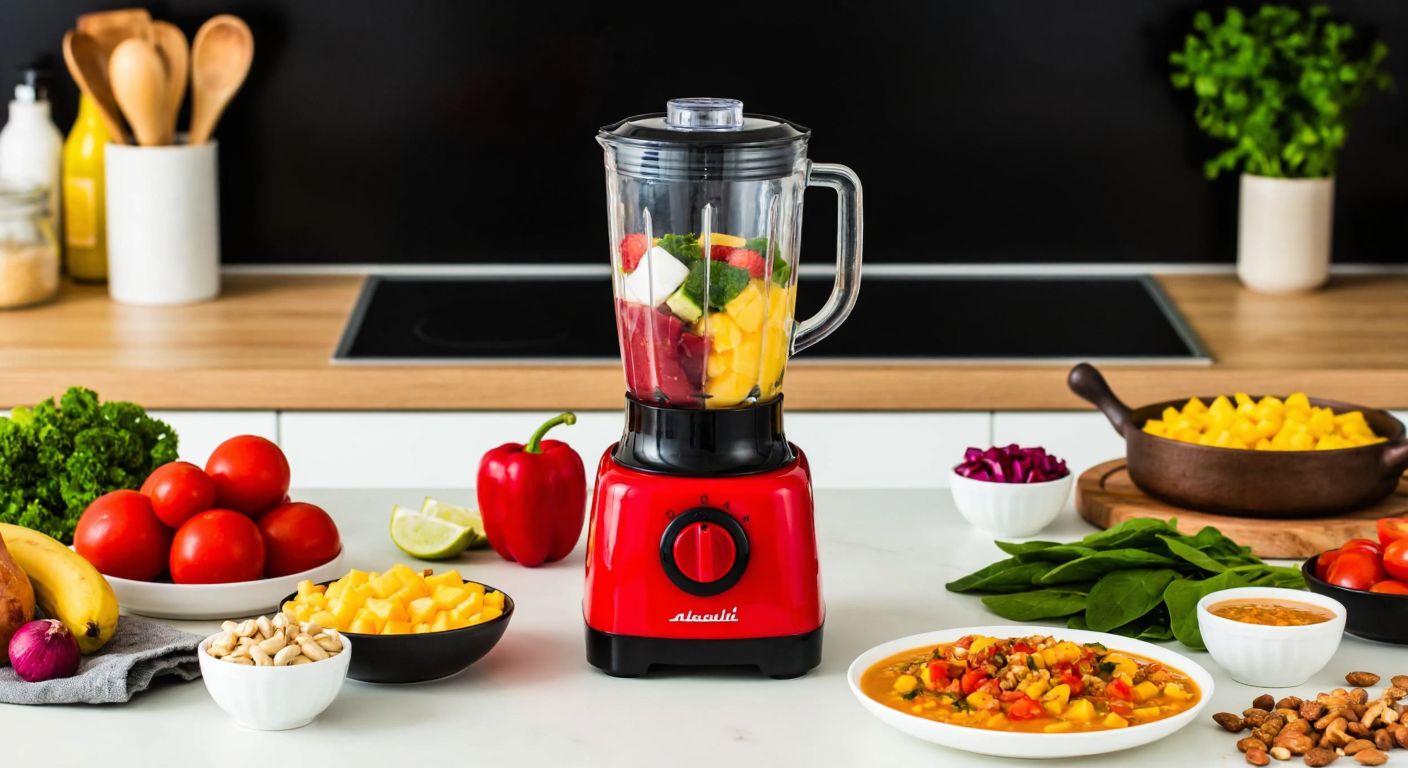A vibrant Turkish kitchen counter with a sürahili blender blending fresh fruits into a colorful smoothie, surrounded by bowls of nuts, chopped vegetables, and a steaming bowl of soup.
