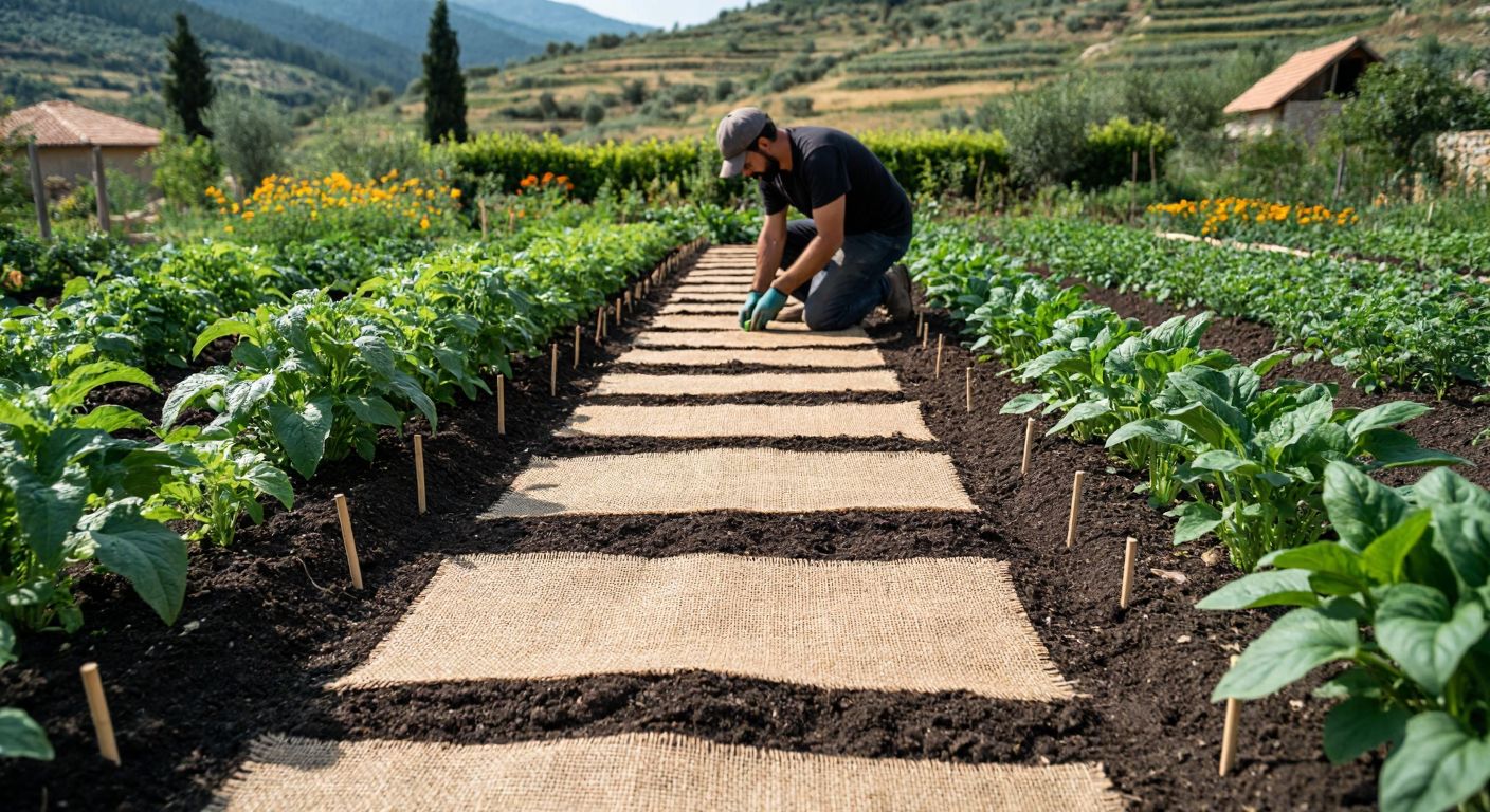 A sunlit Turkish garden with neatly laid jute landscape fabric covering dark soil, surrounded by vibrant green plants and secured with small garden stakes, while a gardener in casual clothing kneels to adjust the edges.