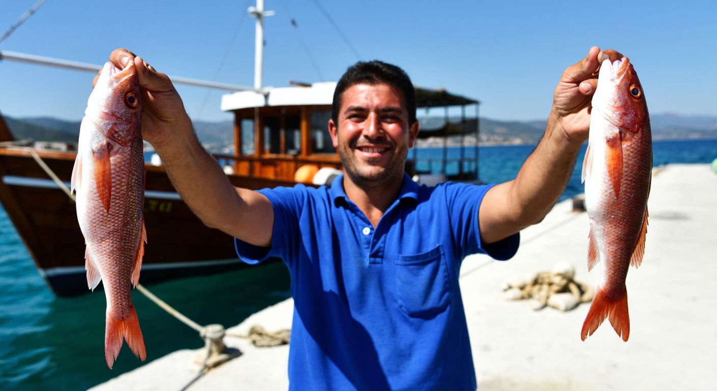 A smiling Turkish fisherman proudly holds up two freshly caught red mullets—one from rocky waters and one from sandy shores—while standing on a sunlit Aegean dock with a traditional wooden boat in the background.