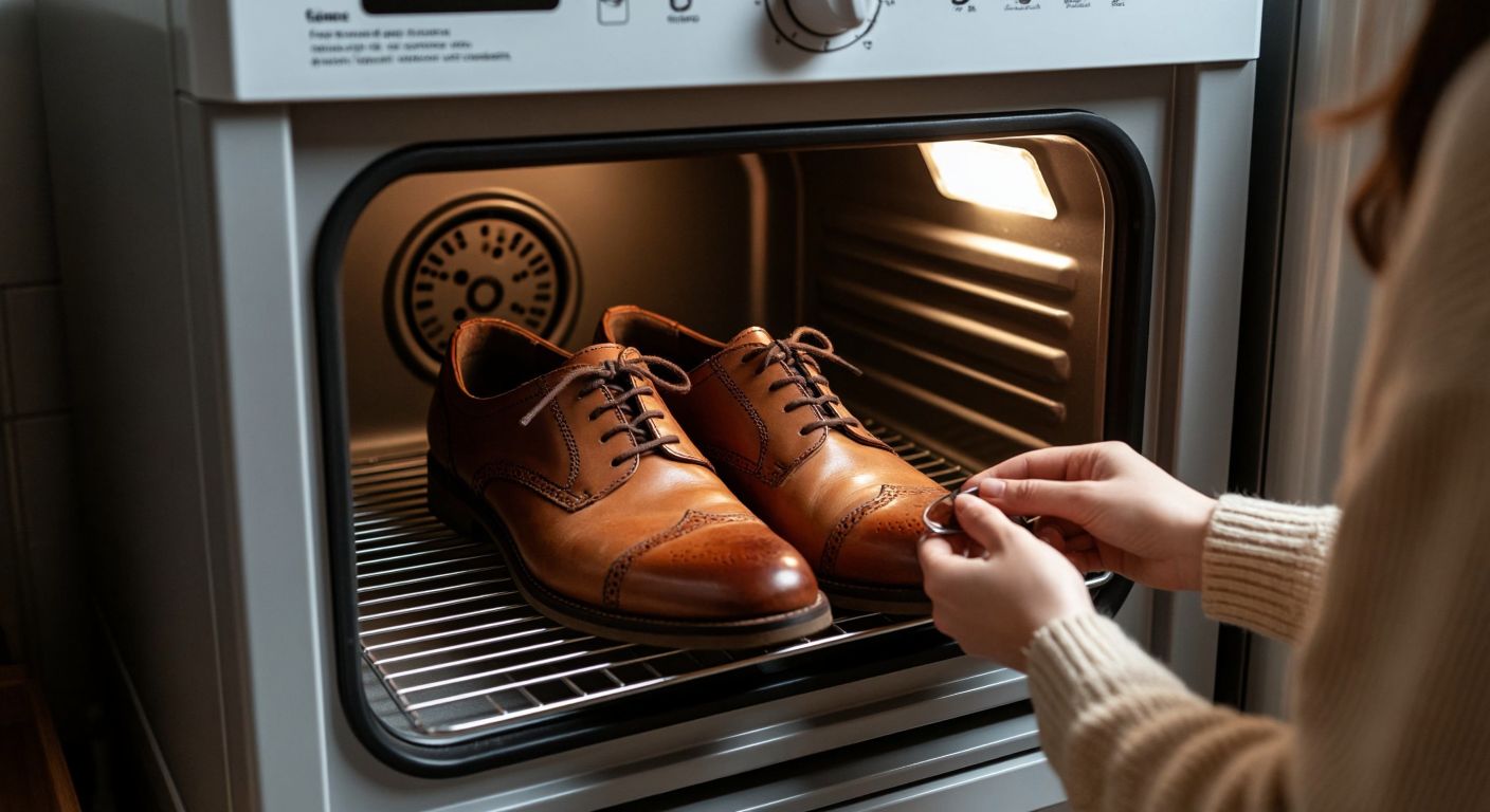 A pair of wet leather shoes placed inside a small, modern dryer with adjustable heat settings, surrounded by care instructions and a concerned person gently checking the temperature dial.