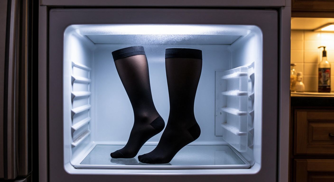 A pair of sheer black stockings neatly folded inside a frost-covered freezer drawer, with a warm Turkish kitchen visible in the background.