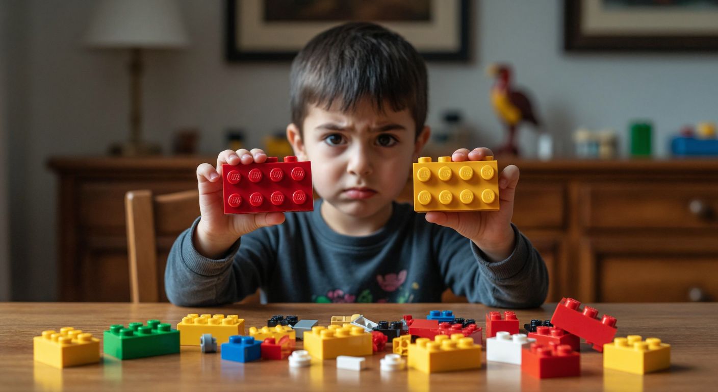 A child in Turkey frowns while holding a bright, precisely molded LEGO brick in one hand and a dull, misshapen counterfeit brick in the other, with scattered mismatched toy pieces on a wooden table between them.