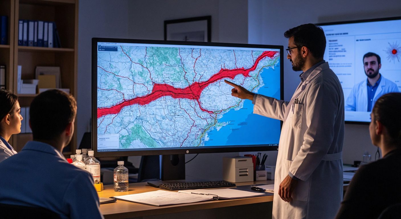 A detailed map of Turkey with seismic fault lines highlighted in red, overlaid on a computer screen in a dimly lit university office, where a researcher in a lab coat points to a specific region while a group of concerned citizens watches attentively.