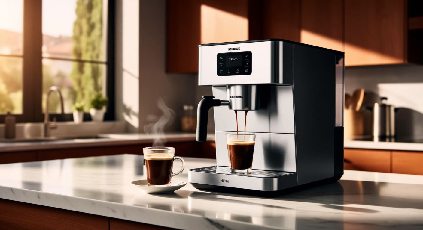 A sleek silver Siemens coffee machine sits on a marble countertop in a sunlit Turkish kitchen, with a steaming cup of rich Turkish coffee beside it.
