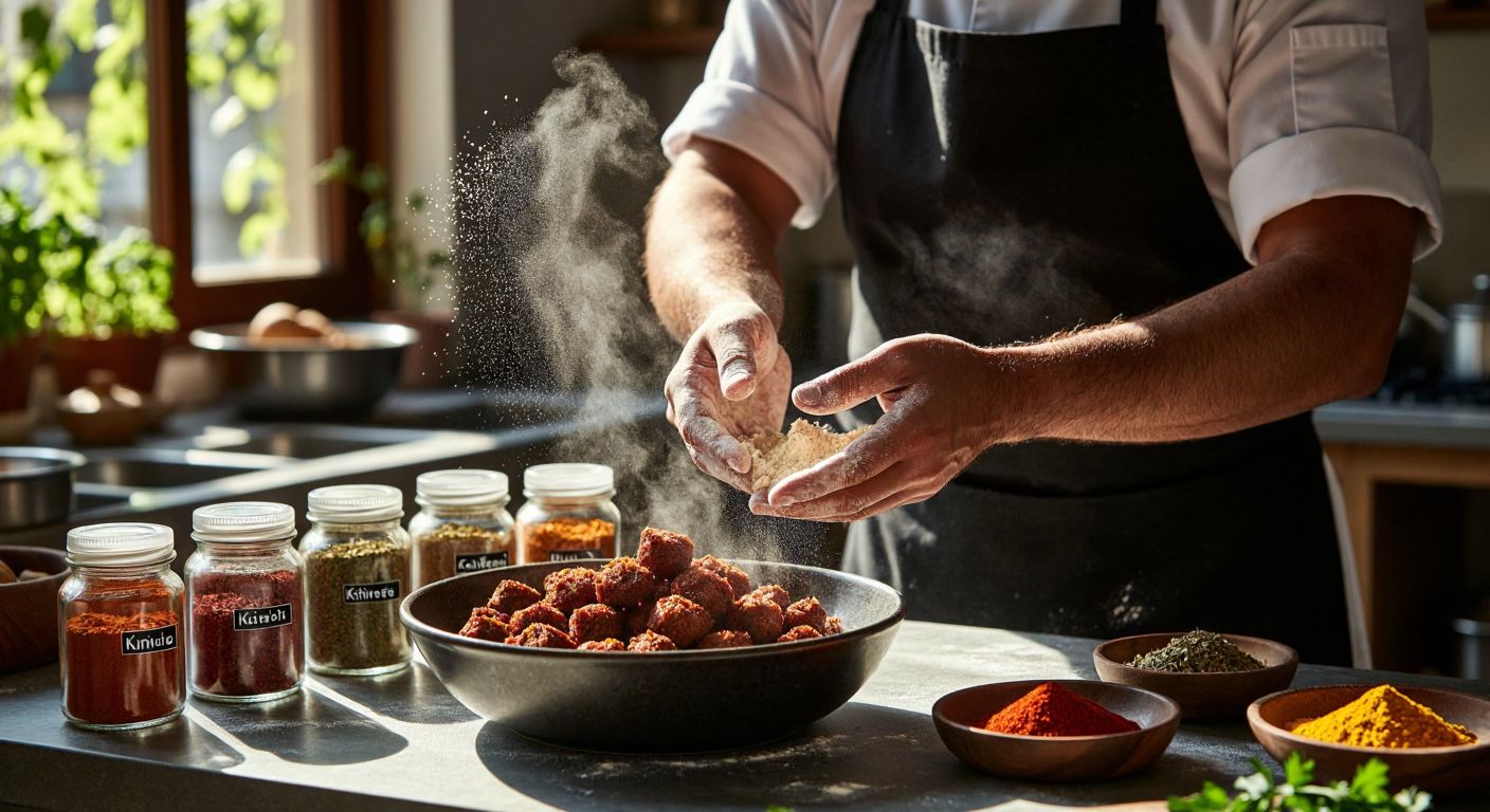 A Turkish cook in a sunlit kitchen kneads a bowl of çiğköfte, surrounded by small spice jars labeled with kişniş, kırmızı biber, köri, and garam masala, their hands dusted with aromatic powders.