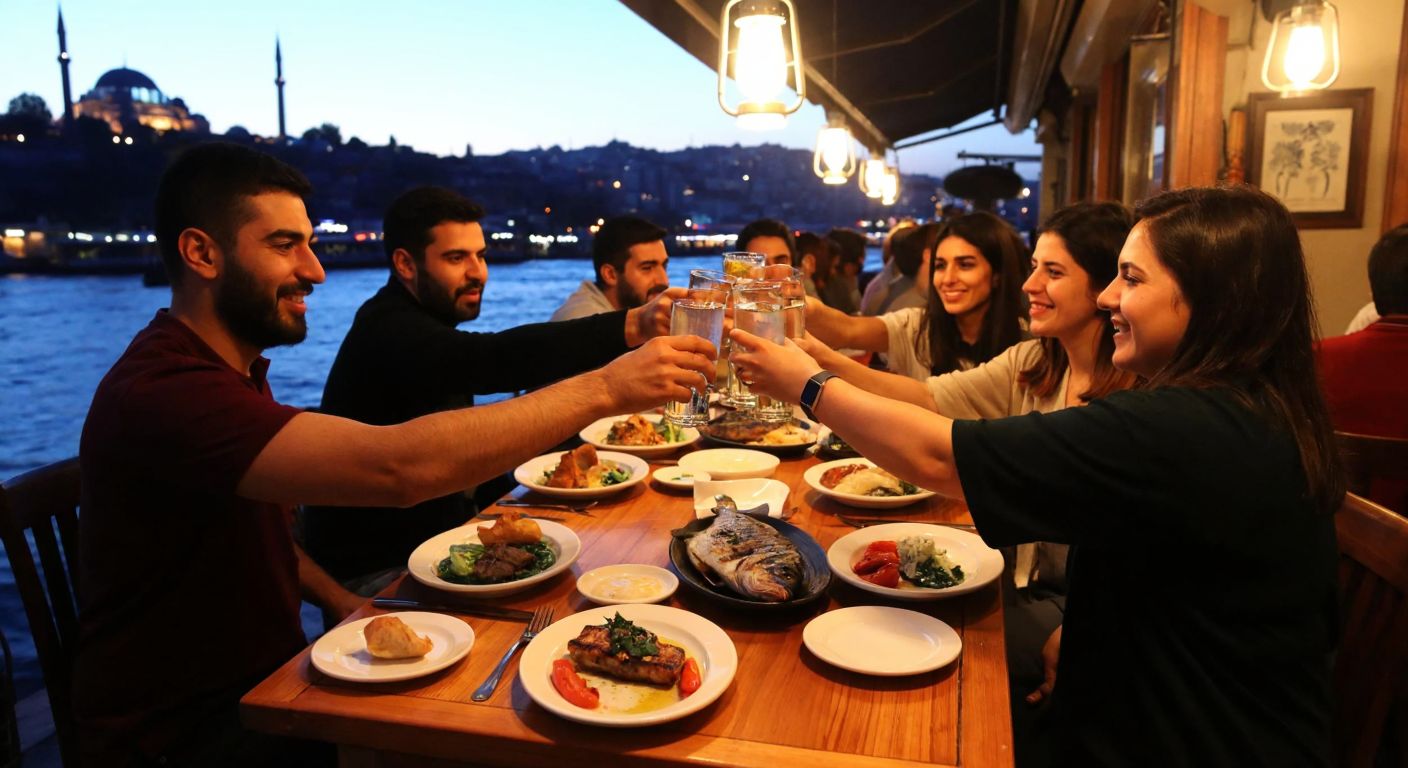 A lively Istanbul meyhane in Ortaköy with wooden tables, flickering lantern light, and groups of people clinking raki glasses amid plates of mezze and grilled fish.