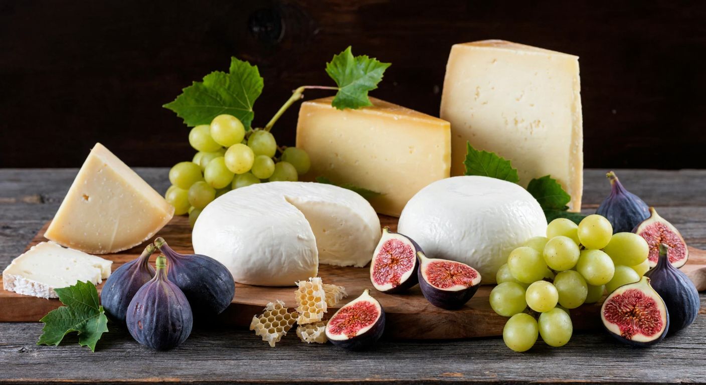 A rustic wooden table displays a vibrant assortment of world-famous cheeses—Parmigiano Reggiano, Mozzarella di Bufala, and Graviera Naxou—arranged beside fresh grapes, figs, and a honeycomb, evoking a gourmet tasting experience.