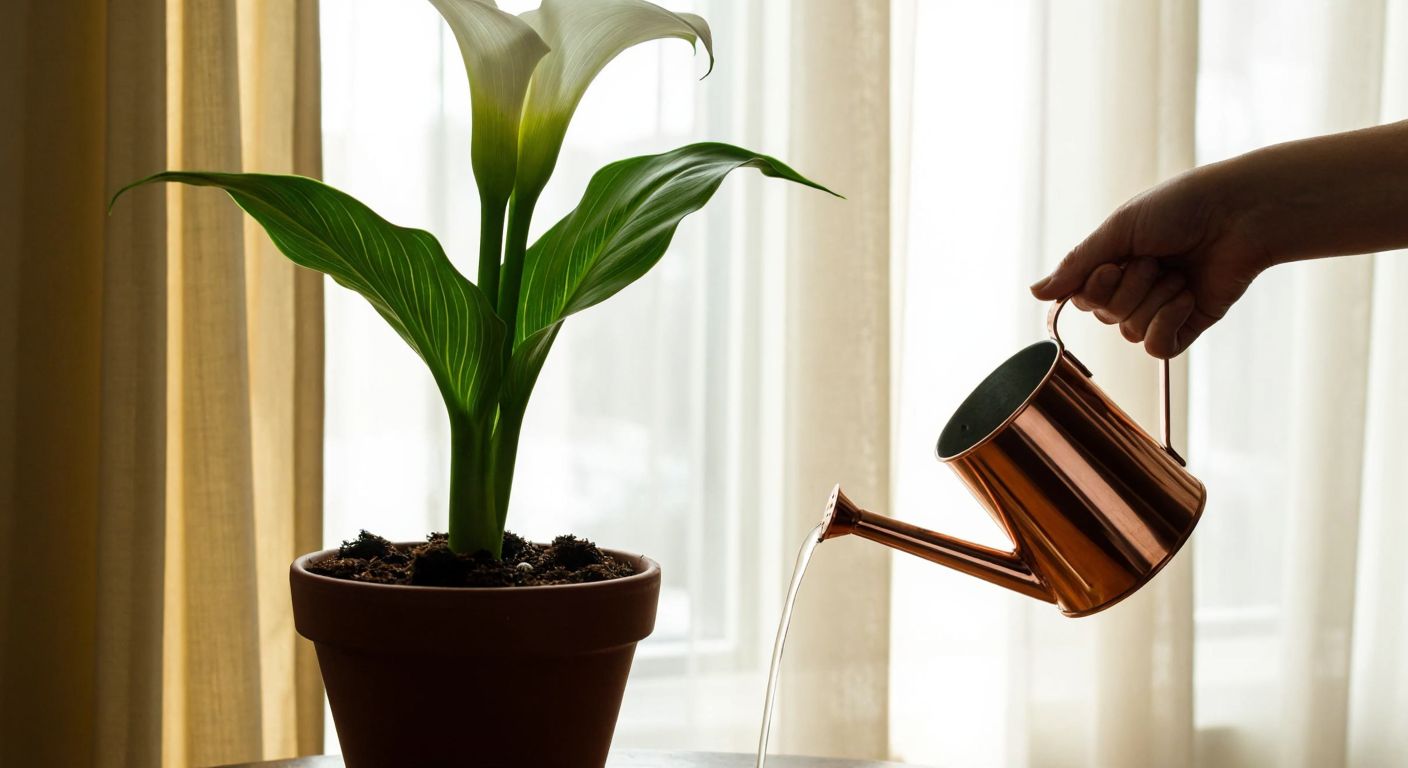 A delicate white calla lily in a terracotta pot with well-draining soil, placed near a sunlit window with sheer curtains filtering the light, while a hand gently waters it with a small copper watering can.