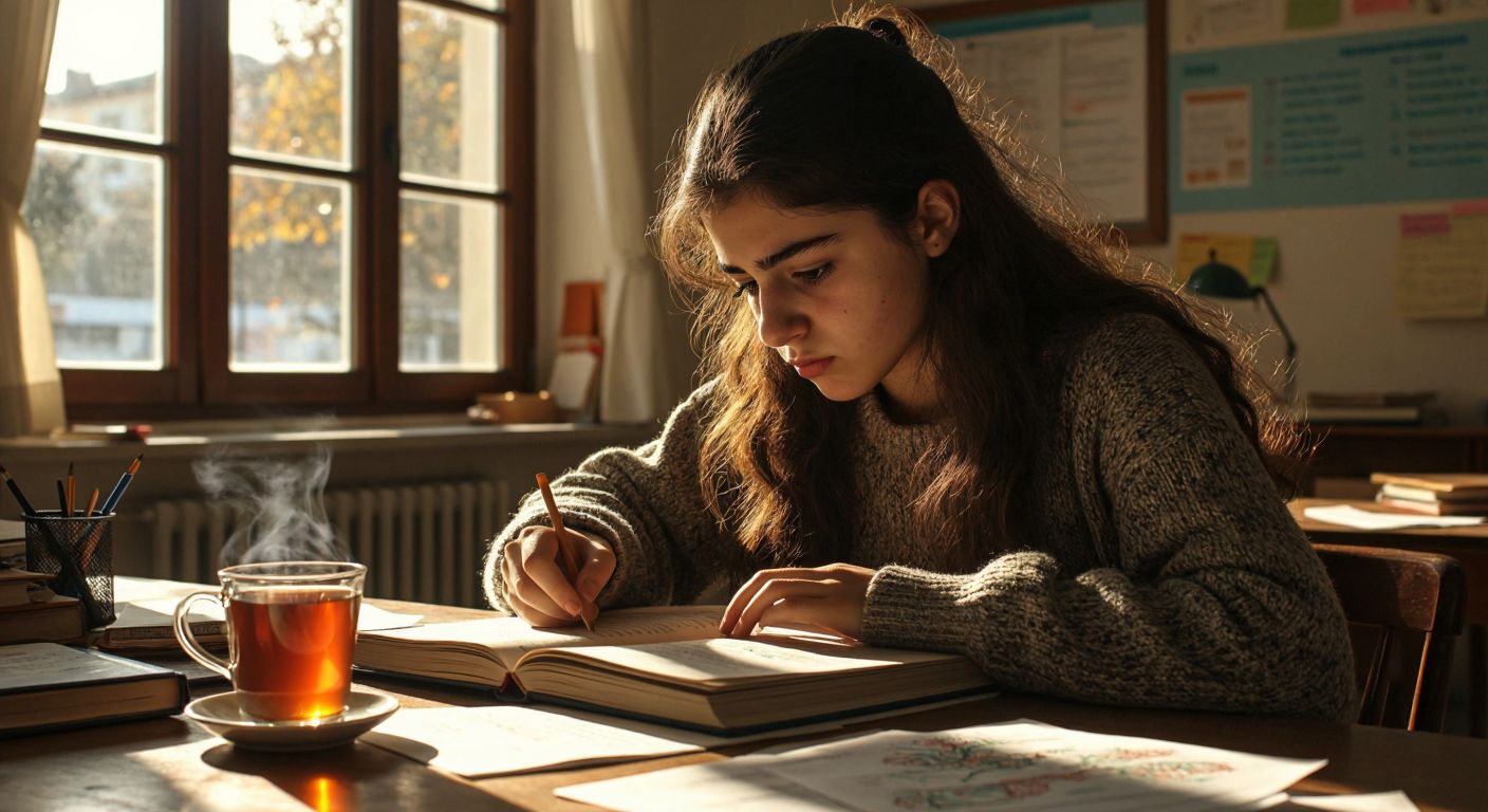 A focused Turkish high school student with a determined expression studies a biology textbook at a wooden desk, surrounded by scattered notes and a steaming cup of çay, with sunlight streaming through a classroom window.