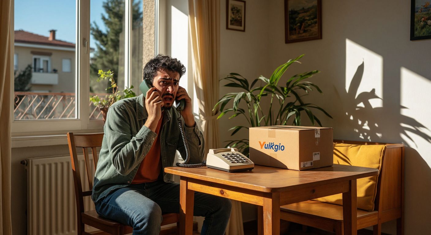 A frustrated Turkish person in casual clothing sits at a small wooden table in a sunlit home, holding an old corded phone to their ear with a tense expression, while a Yurtiçi Kargo delivery box sits unopened beside them.