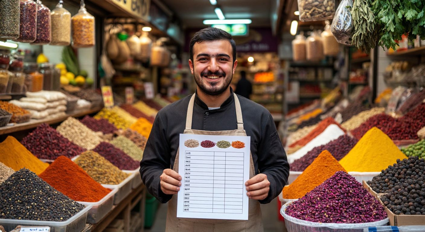 A Turkish shopkeeper in a bustling bazaar smiles while holding up a neatly organized price list template, surrounded by colorful spices and fresh produce.