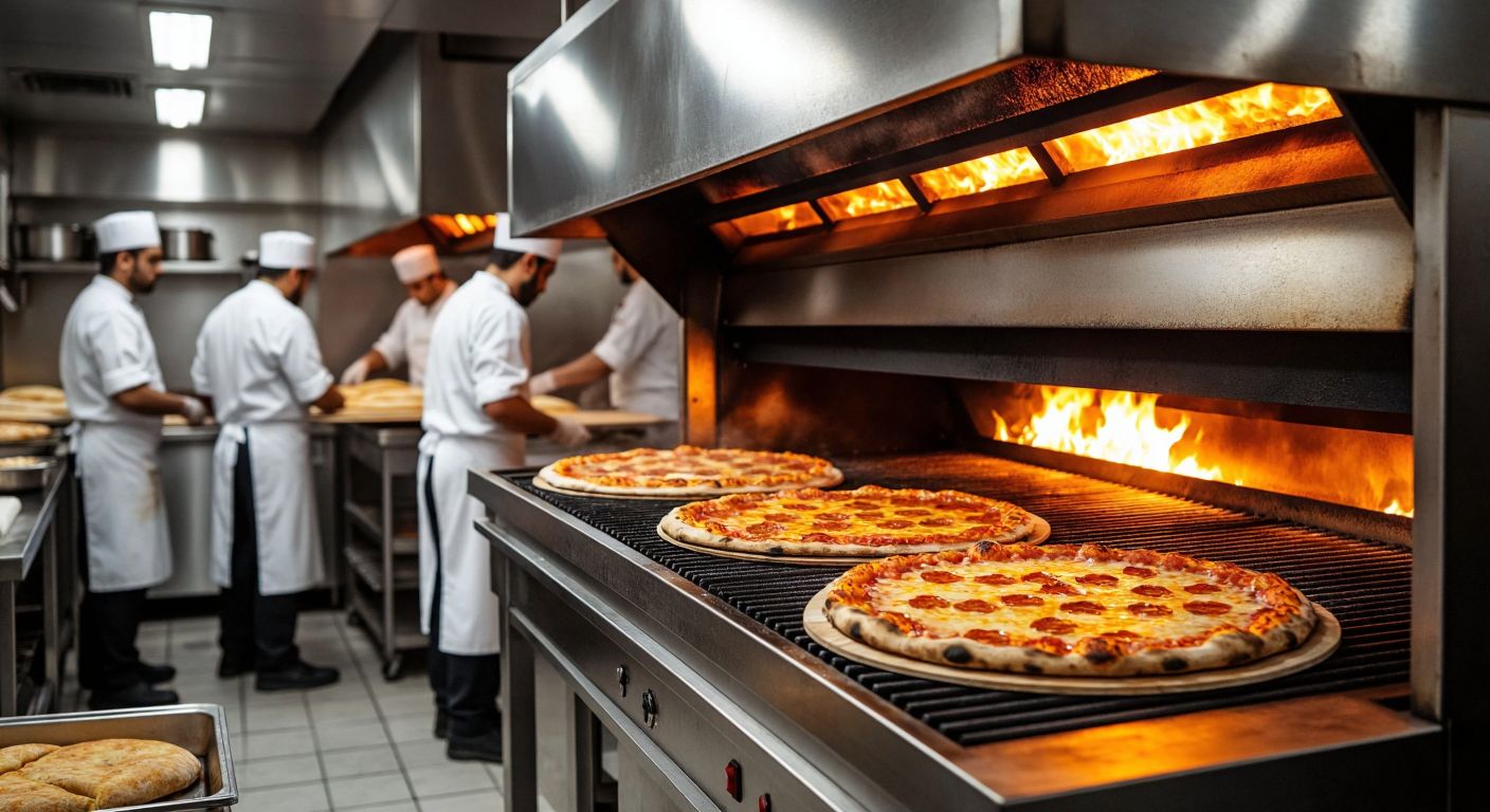 A large industrial conveyor pizza oven with golden, bubbling pizzas sliding through its glowing interior, surrounded by chefs in white uniforms preparing dough in a bustling Turkish pizzeria kitchen.
