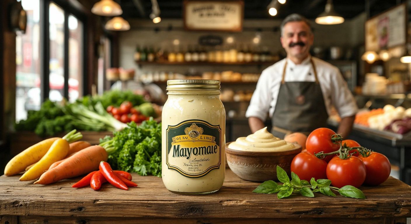 A vintage-style glass jar of creamy mayonnaise with a golden-yellow label, placed on a wooden table in a bustling New York deli, surrounded by fresh vegetables and a smiling, mustachioed man in an old-fashioned apron.